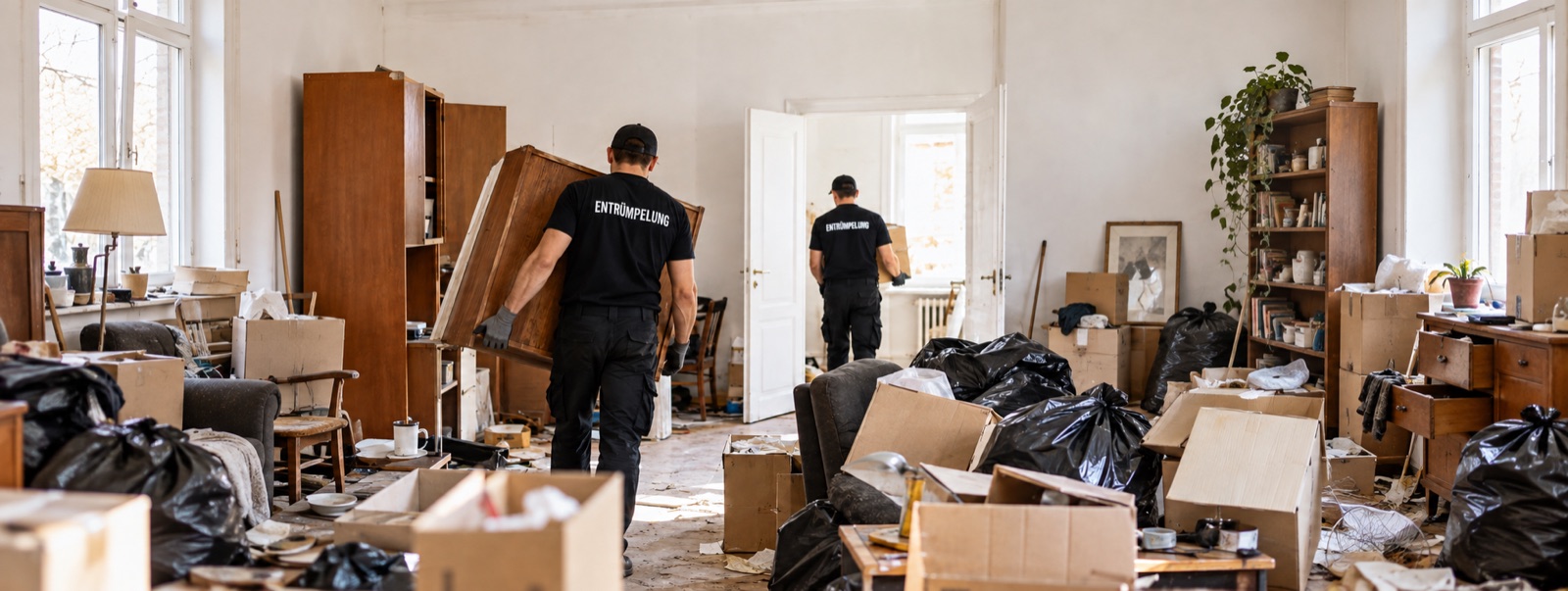 Zwei Mitarbeiter bei einer Entrümpelung in einer Wohnung